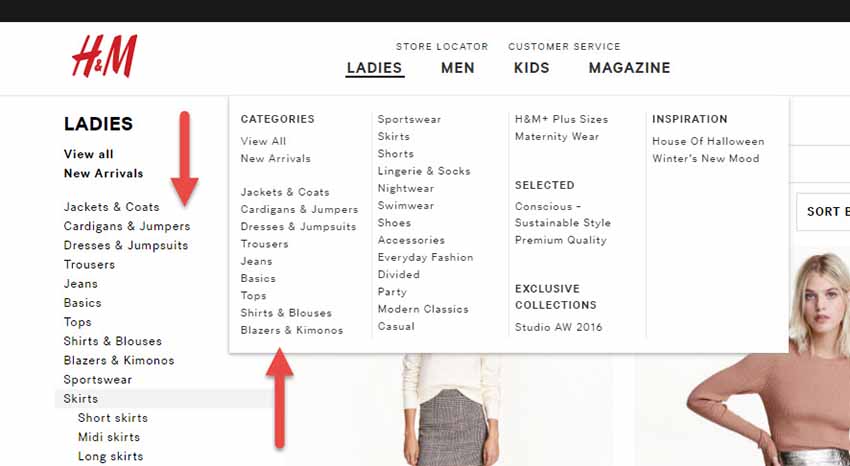 โครงสร้างเว็บไซต์ navigator เสื้อผ้าแฟชั่น