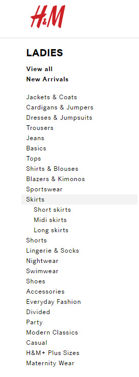 เมนู site navigator ของ H&M