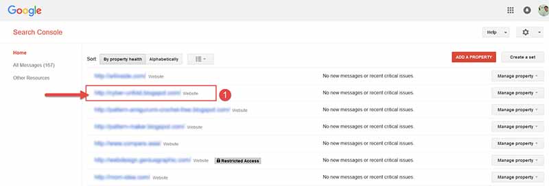 การเลือก property หรือเว็บโปรไฟล์ของเรา ใน Search Console